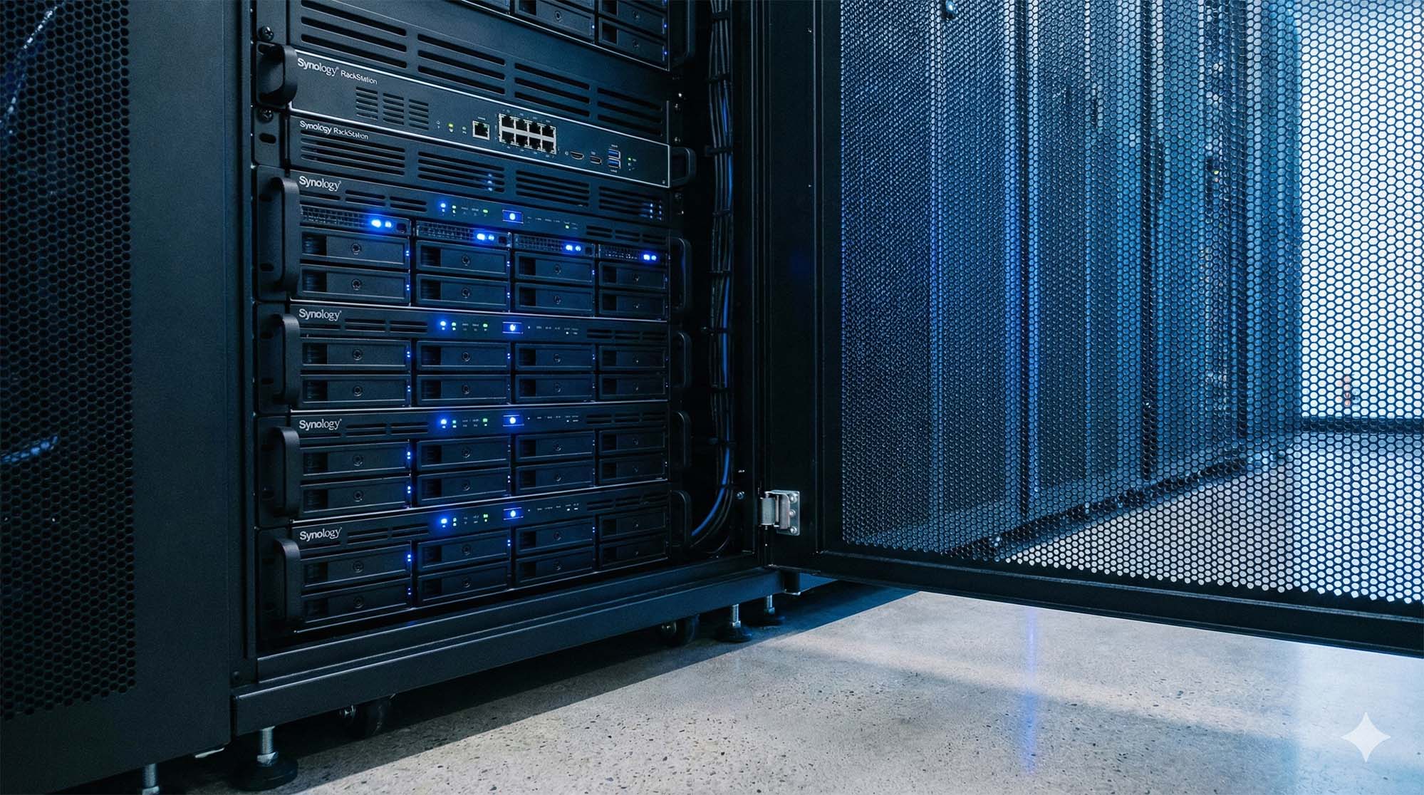 企業機房內的 Synology RackStation 伺服器與回收示意圖 (Synology RackStation Servers in Corporate Server Room for Recycling)