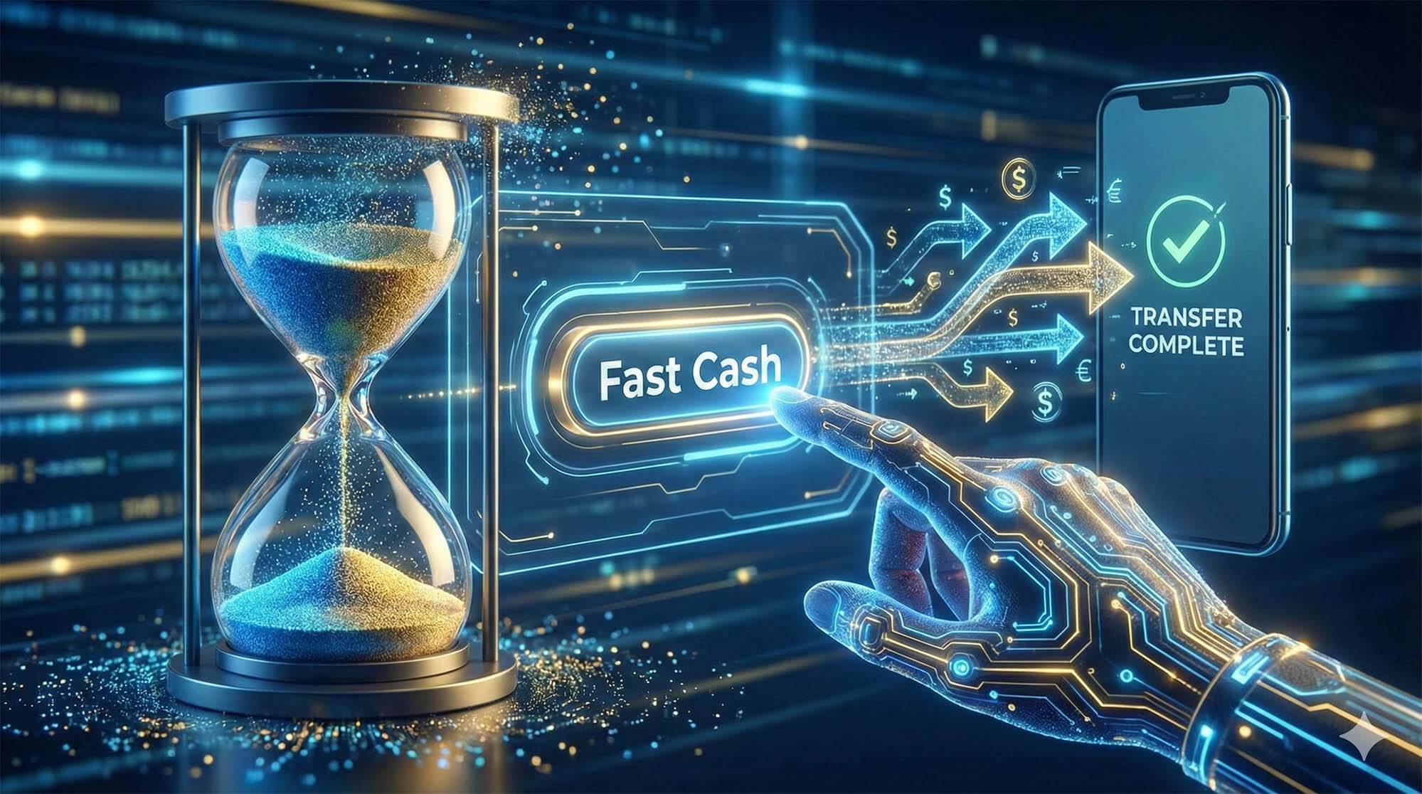 沙漏中的沙子快流光象徵時間緊迫，旁邊有一隻手按下「快速變現」按鈕，連結到手機收購畫面。